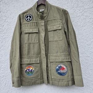 J. Crew Olive Green Utility Jacket with Patches – Peace Sign, Mountain, SizeM